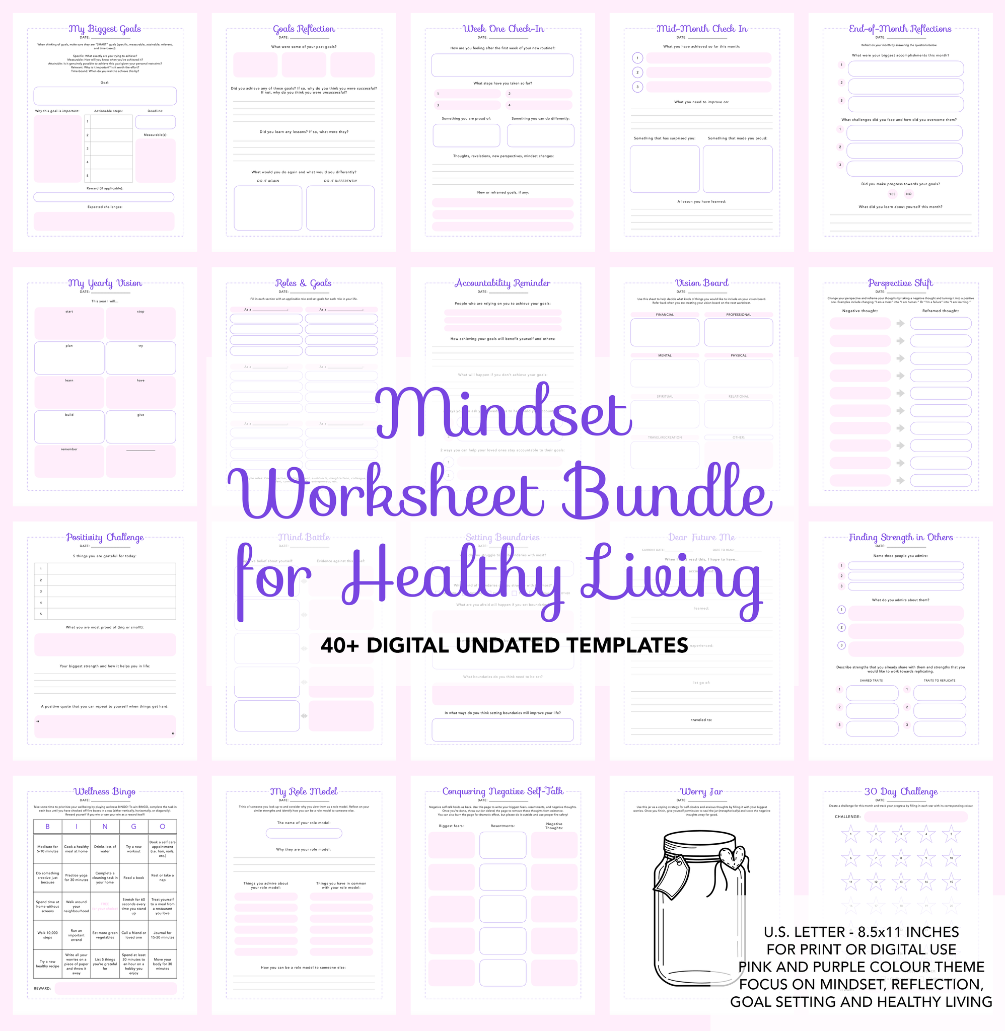 Ultimate PRINTABLE *Worksheet* Bundle for Mindset, Goal Setting, Reflection, & Healthy Living