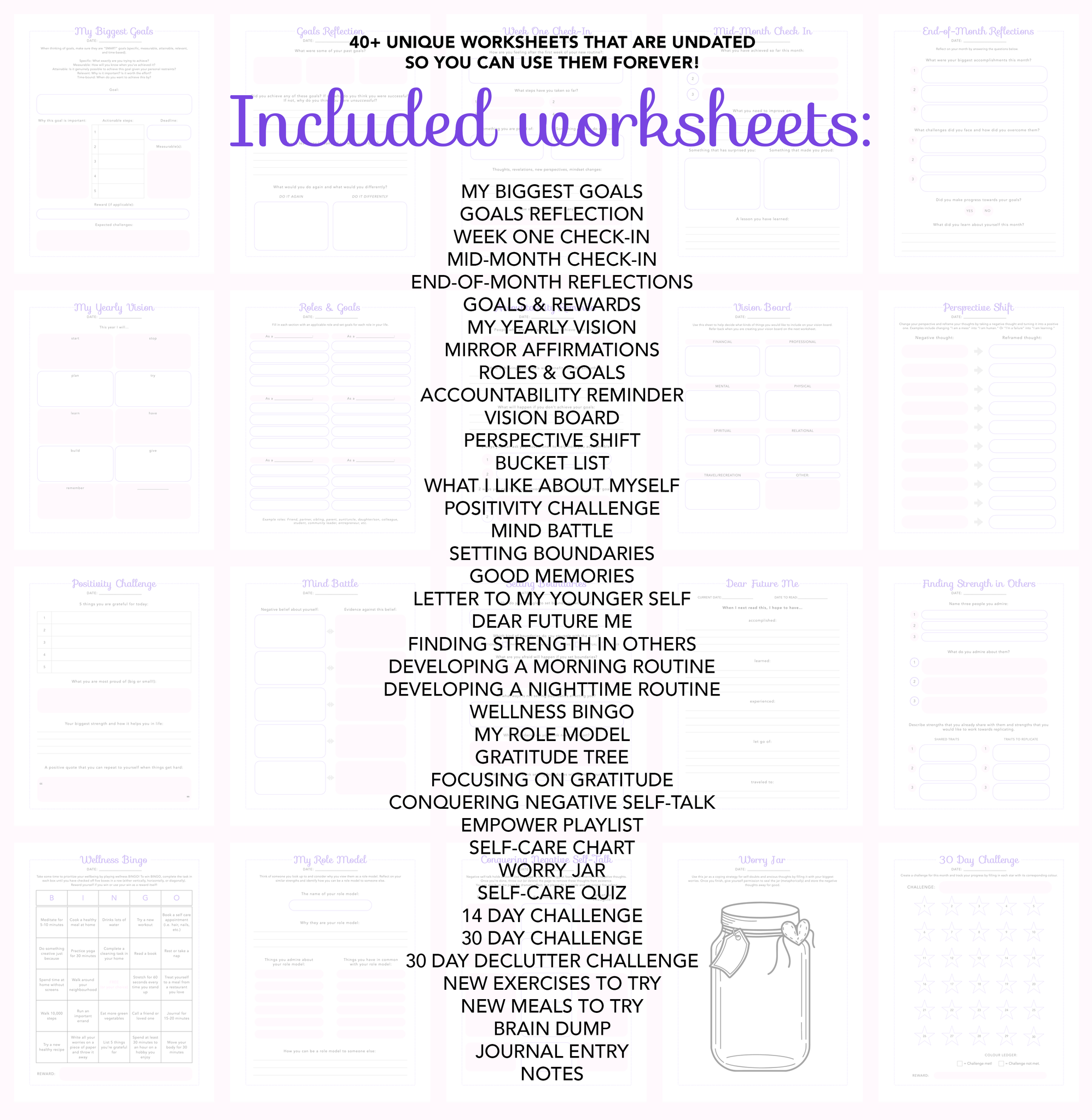 Ultimate PRINTABLE *Worksheet* Bundle for Mindset, Goal Setting, Reflection, & Healthy Living